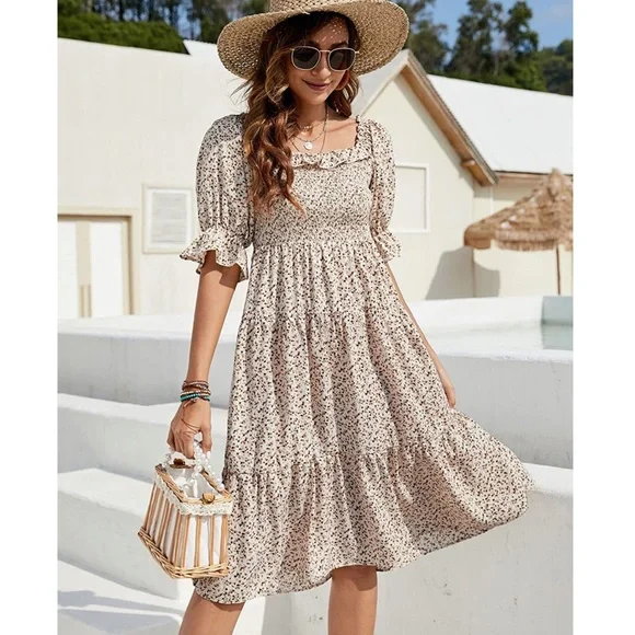 Dresses | Womens Floral Square Neck Smocked Ruffle Sleeve Midi Flowy Dress  M | Poshmark